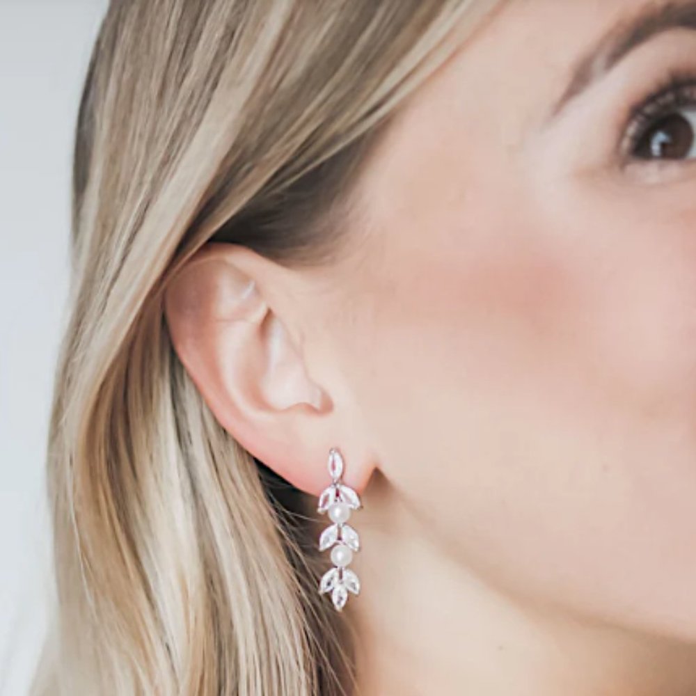 NEW~ Anthropologie BHLDN Pearl CZ Linear Dangle Earrings - Picture 5 of 12